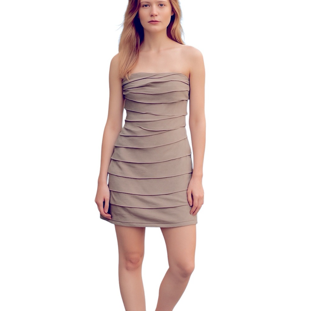 VELVET RUCHED STRAPLESS NEUTRAL BEIGE TAUPE BODYCON COCKTAIL DRESS XS